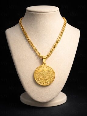 Gold-Tone Curb Chain Necklace with Engraved Medallion Pendant